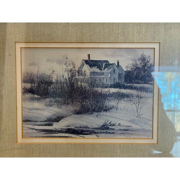 Vintage Artwork House/Snowy Scene Print. Framed & Matted. Signed Weber. winter - Picture 2 of 4